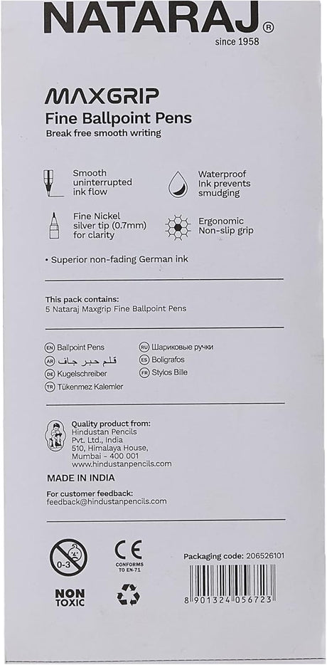 Nataraj Maxgrip Fine Ball Point Pens – 5 Piece Pack, 0.7mm Blue Ink