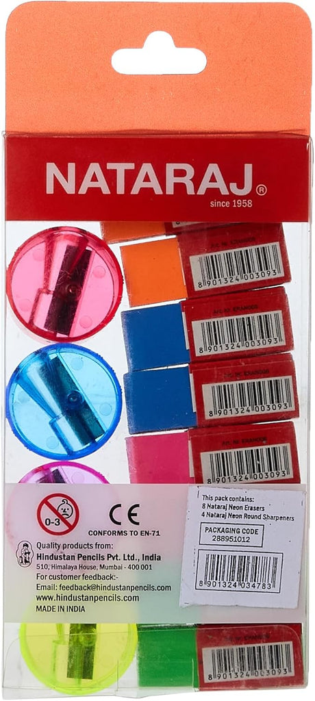 Nataraj Neon 8 Big Eraser and Neon 4 Round Sharpener Set