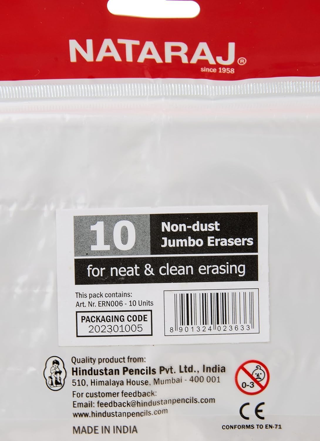 Nataraj Non-Dust Jumbo Erasers – 10-Pcs Pack