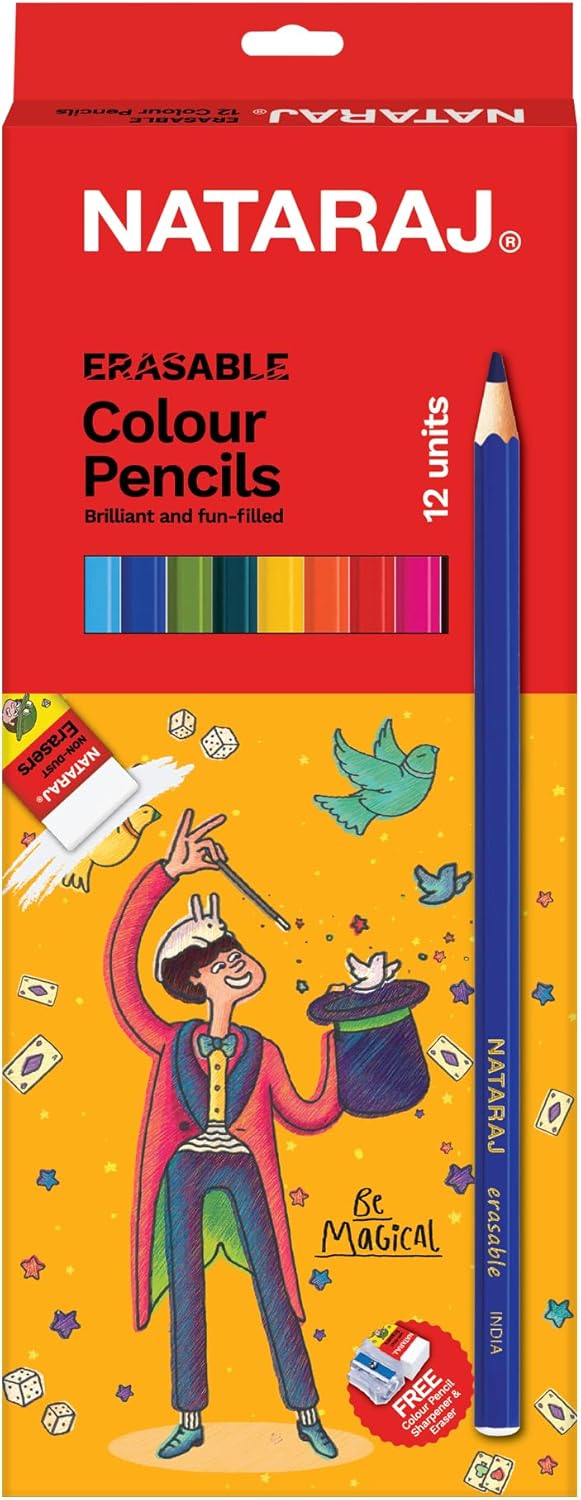 Nataraj Erasable Colour Pencils – 12 Full-Size Multicolor Shades with Erasers