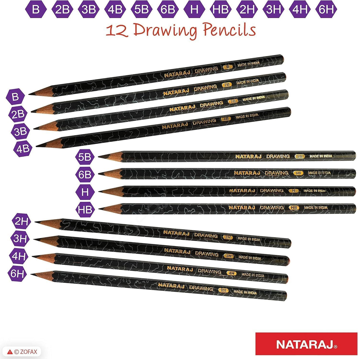 Nataraj 12-Degree Drawing Pencils Set – Assorted Grades, 12 Pieces