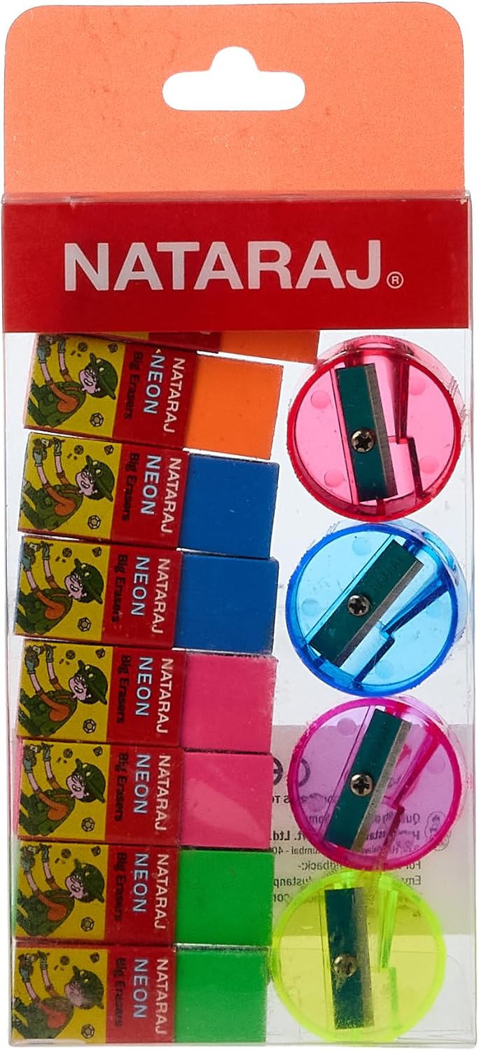 Nataraj Neon 8 Big Eraser and Neon 4 Round Sharpener Set