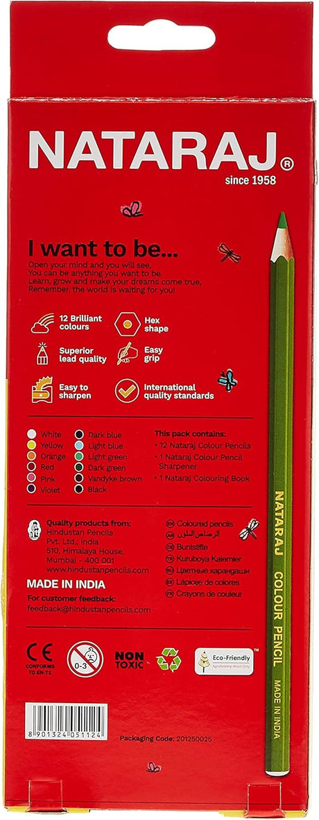 Nataraj 12 Colour Pencil Set with Multicolor Colouring Book & Sharpener