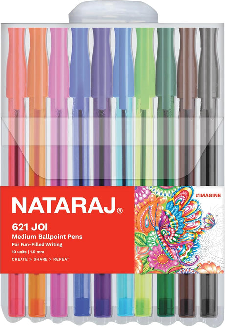 Nataraj 621 Joi Medium Ball Point Pens – 10 Colors, 1mm Tip