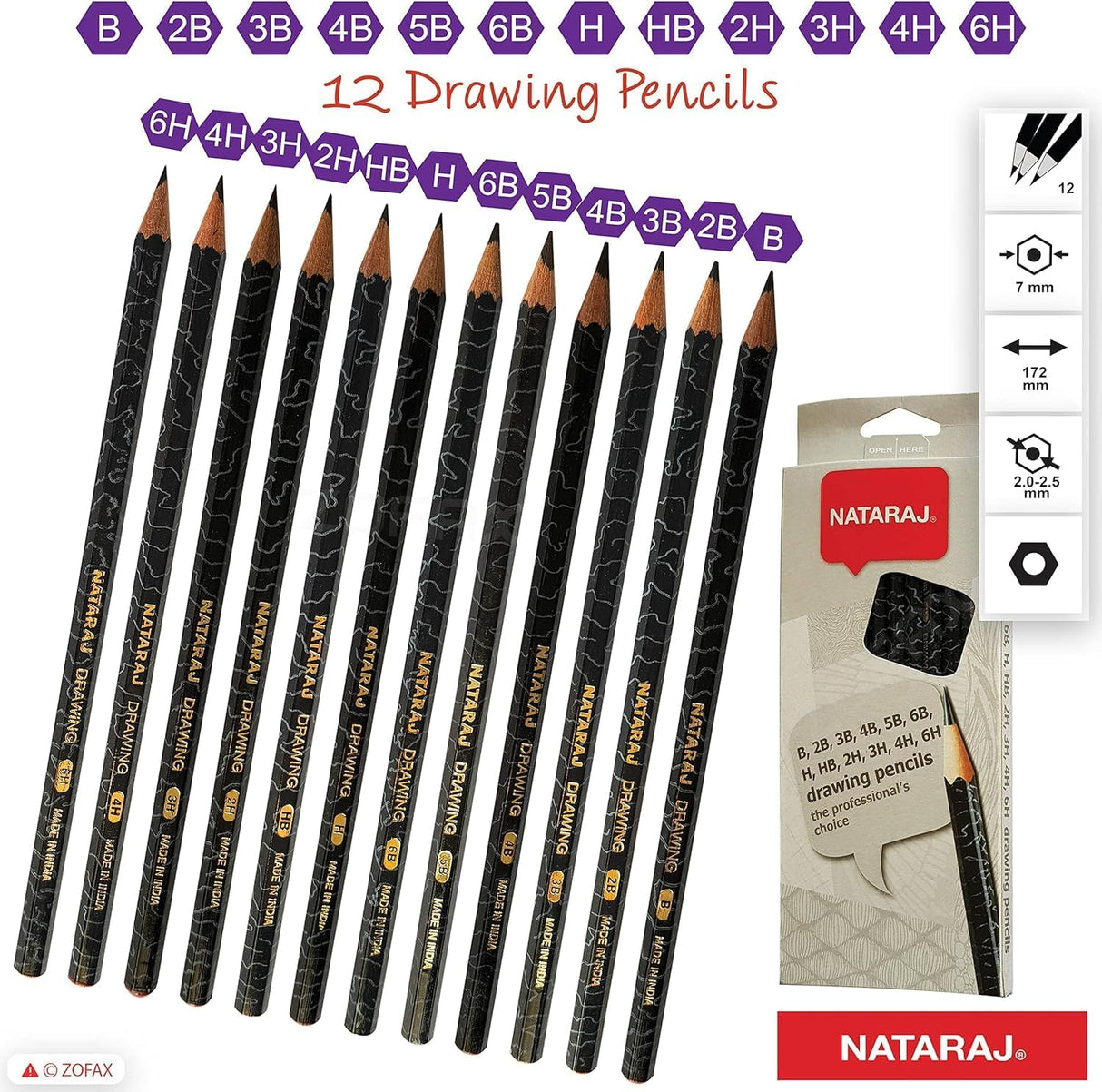 Nataraj 12-Degree Drawing Pencils Set – Assorted Grades, 12 Pieces