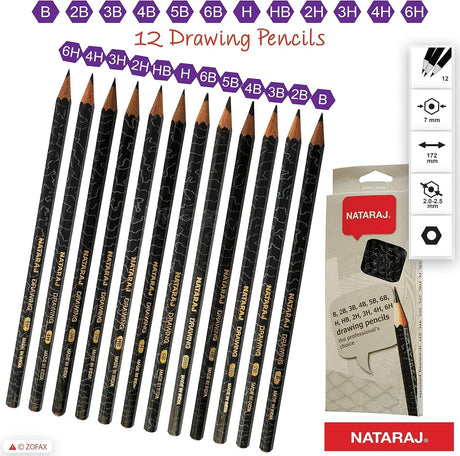 Nataraj 12-Degree Drawing Pencils Set – Assorted Grades, 12 Pieces