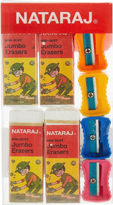 Nataraj Non-Dust Jumbo Erasers & 621 Sharpeners – 4 + 4 Combo Pack
