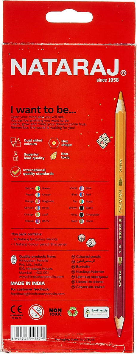 Nataraj 12-Piece Bi-Hex Colour Pencil Set with free Sharpener