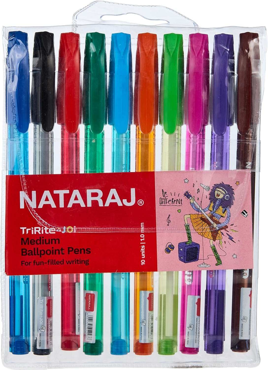 Nataraj Tririte Joi Medium Ball Point Pens – 10 Colors, 1mm Tip