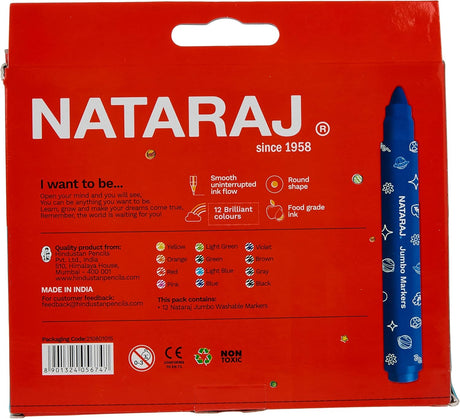Nataraj Jumbo Washable Bold Round Markers – 12 Vibrant Colors