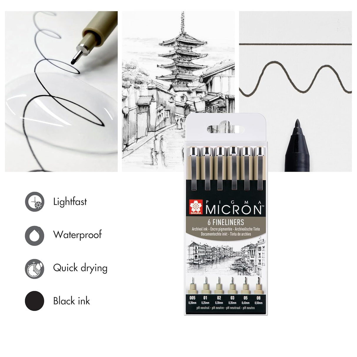 Sakura Pigma Micron Black Pen Set of 6