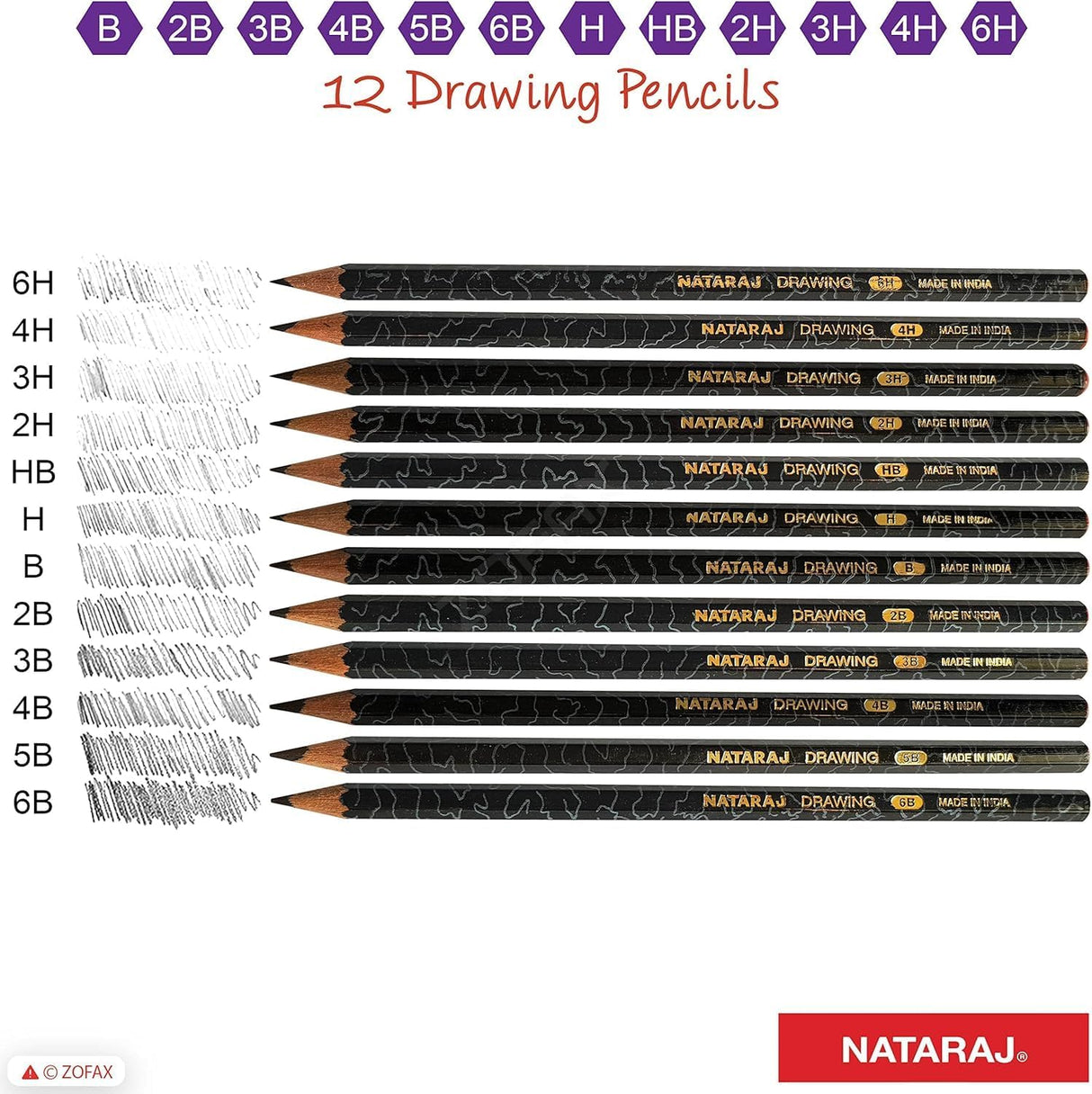 Nataraj 12-Degree Drawing Pencils Set – Assorted Grades, 12 Pieces