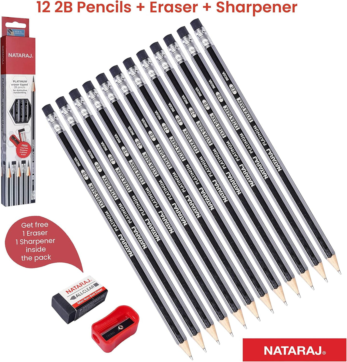 Nataraj Platinum Extra Dark 2B Pencils with Sharpener – Pack of 12