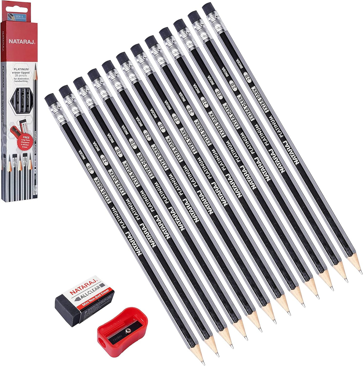 Nataraj Platinum Extra Dark 2B Pencils with Sharpener – Pack of 12