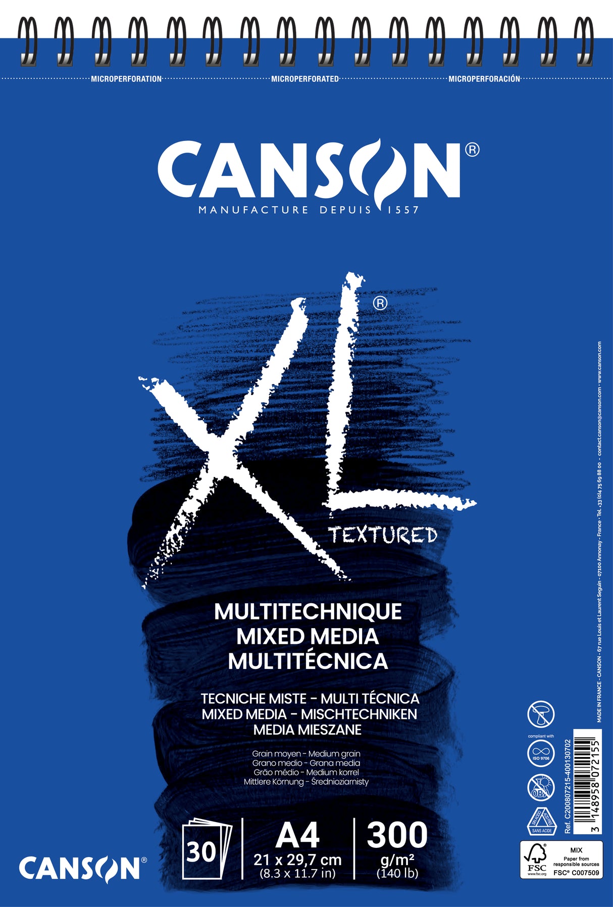 CANSON XL Textured Medium Grain 300gsm A4 Mixed Media White Paper Pad, 30 Sheets