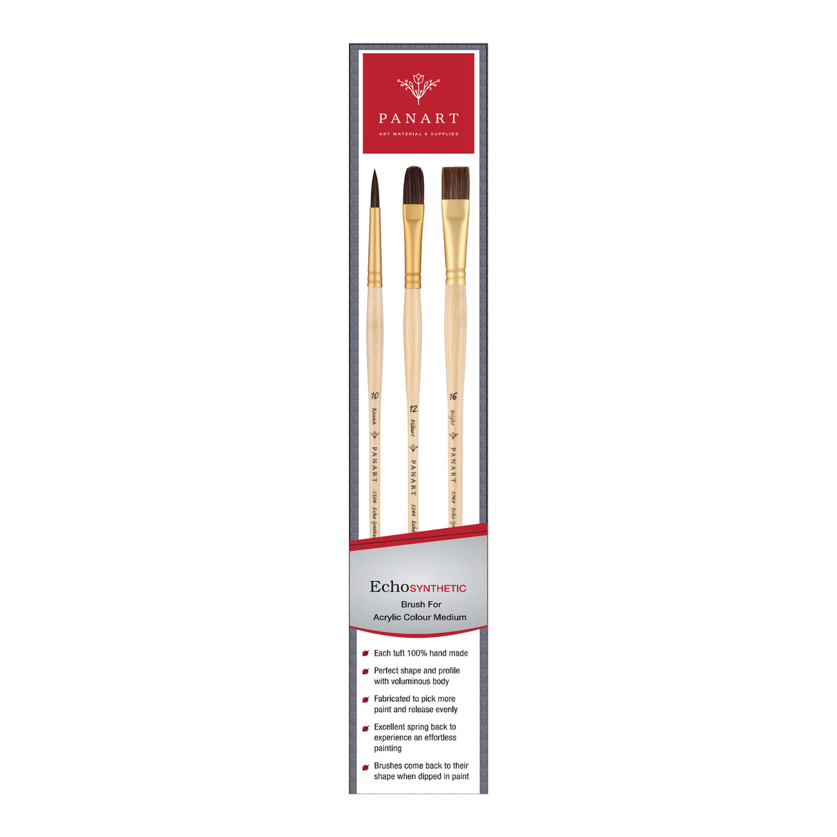 PANART ECHO SYNTHETIC LONG HANDLE BRUSH SET OF 3 PCS, ES-06 (R-10 BR-16 FB-12)
