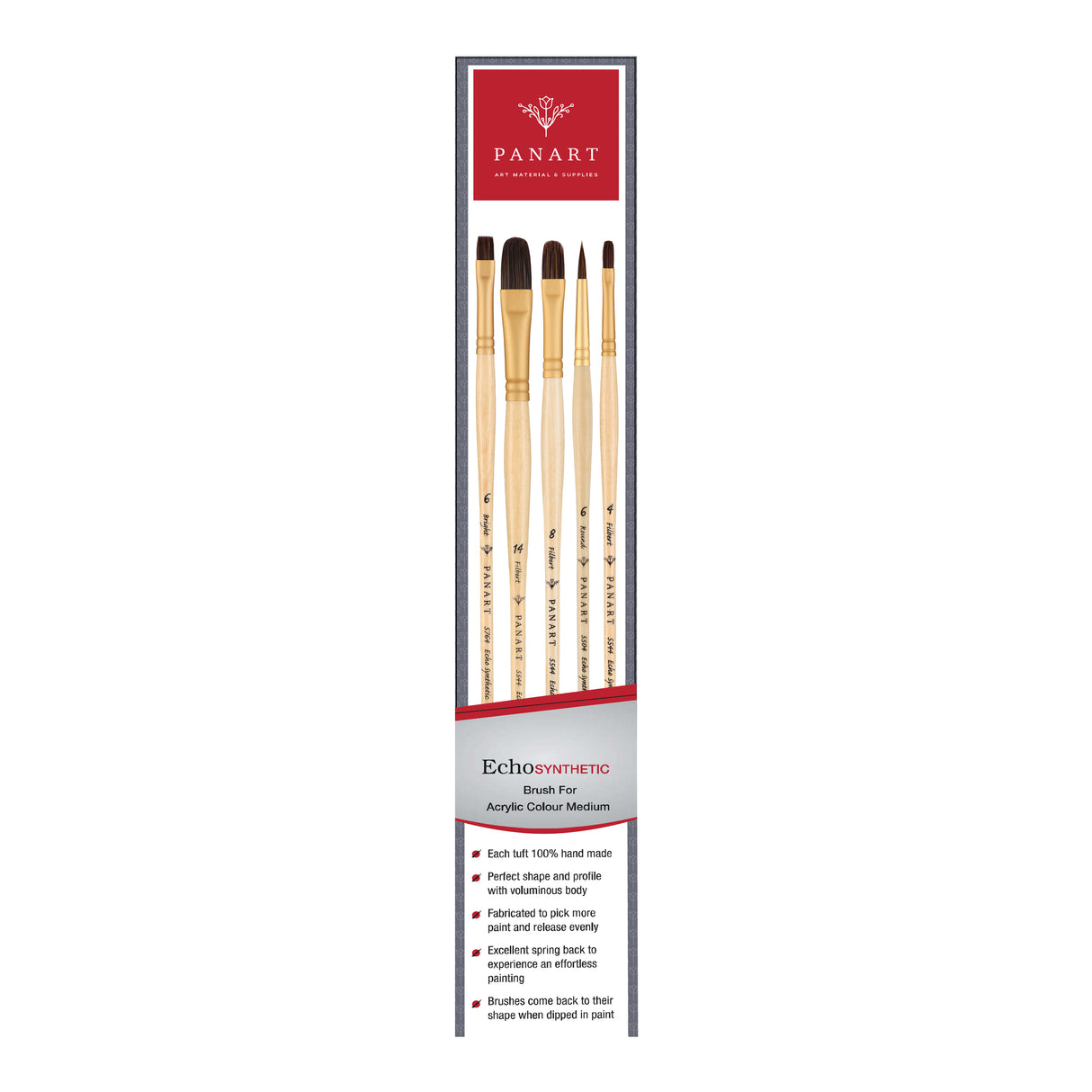 PANART ECHO SYNTHETIC LONG HANDLE BRUSH SET OF 5 PCS, ES-04(R-6 BR-6 FB-4,8,14)