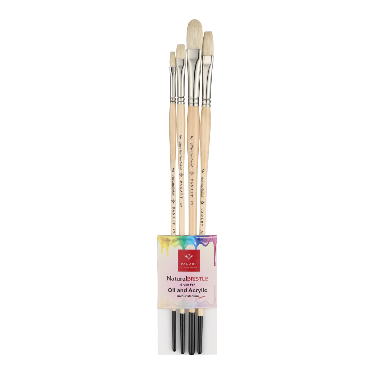 PANART WHITE BRISTLE LONG HANDLE BRUSH SET OF 4 PCS, ATL-08 (F-2,6 SF-4 FB-8)