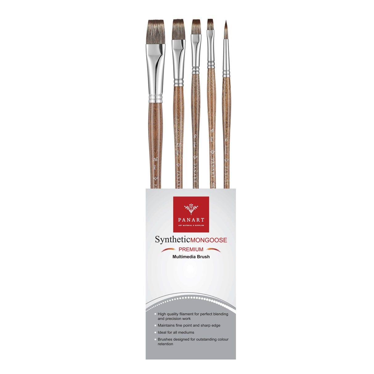 PANART MONGOOSE SYNTHETIC LONG HANDLE BRUSH SET OF 5 PCS-MS-09 (R-6 F-4,8,12,16)