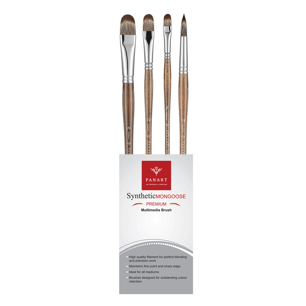 PANART MONGOOSE SYNTHETIC LONG HANDLE BRUSH SET OF 4 PCS-MS-07(R-14, FB-8,12,16)