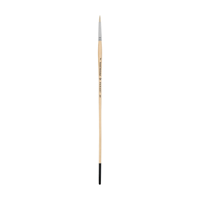 Panart white bristle round paintbrush with long wooden handle and black ferrule on white background