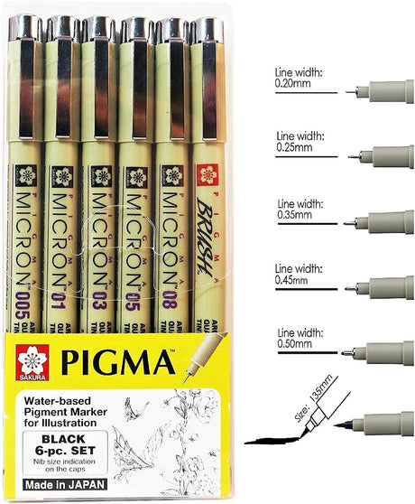 Sakura Pigma Micron 6PCS Set - Black: Precision Ink Pens for Artists and Designers
