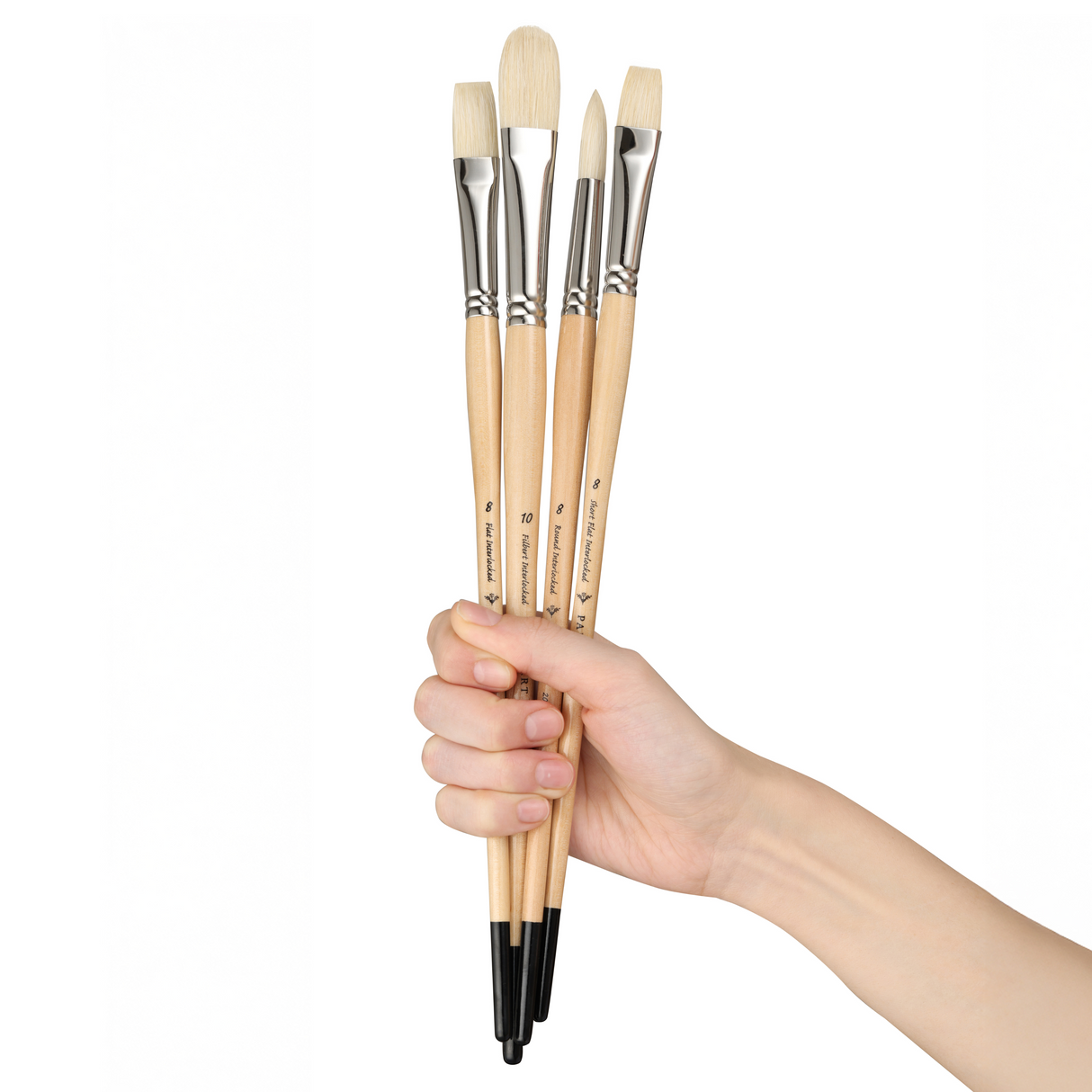 PANART WHITE BRISTLE LONG HANDLE BRUSH SET OF 4 PCS,ATL-09 (R-8 F-8 SF-8 FB-10)