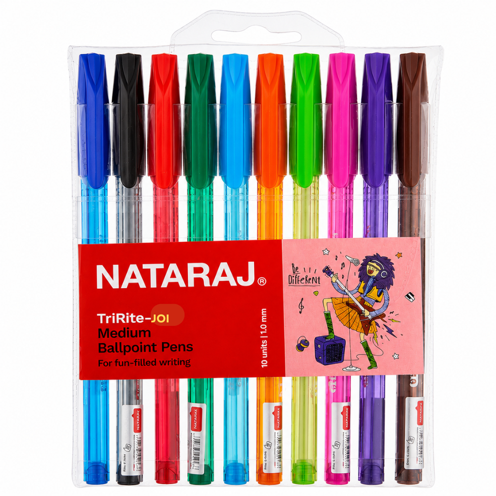 Nataraj Tririte Joi Medium Ball Point Pens – 10 Colors, 1mm Tip