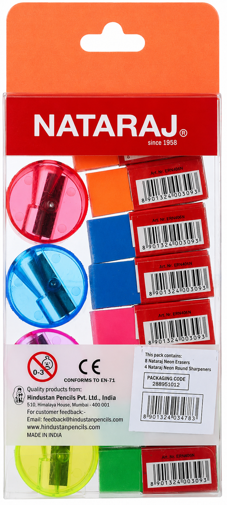 Nataraj Neon 8 Big Eraser and Neon 4 Round Sharpener Set