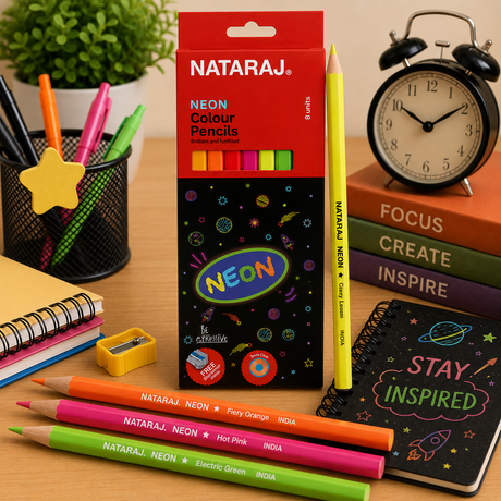 Nataraj Neon 4mm Round Color Pencils with Sharpener - 8 Assorted Colors