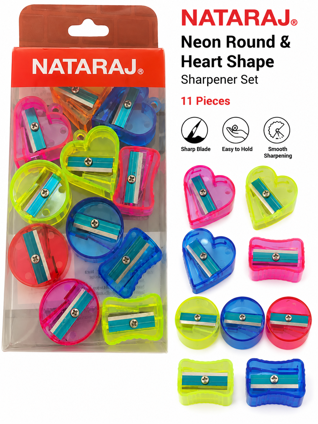 Nataraj Neon Round & Heart Shape Sharpener Set – 11 Pieces