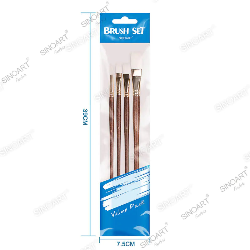 Sinoart Long Handle Synthetic Hair- white Taklon, 4pk. #6 Round, #6 Filbert, #8, #12 Flat
